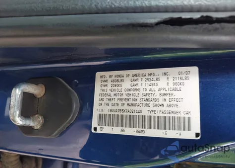 2007 Acura Tl Type S из США, поврежденный, VIN 19UUA765X7A021440